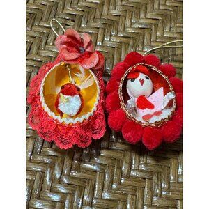 Vintage Handmade Bird-In-Nest Christmas Ornaments Real Eggs